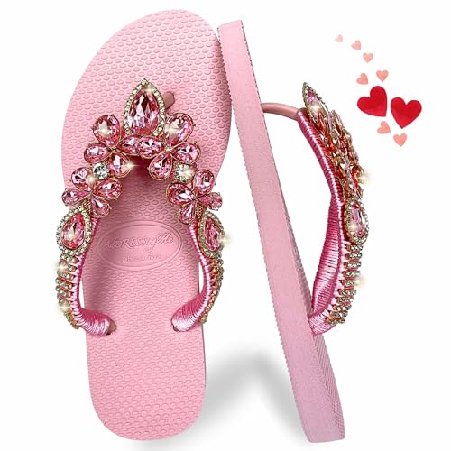 AdDRESSingMe Light Pink Size 7 Glam Rhinestones Flip Flops Pink Flip Flops for Women Light Pink Sandals for Women Chanclas para Mujer Rhinestone Sandals for Women Dressy Sparkly Sandals for Women Dressy Sandalias para Mujer Elegantes