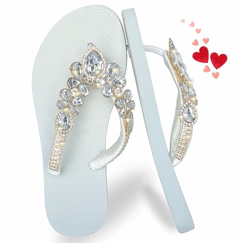 AdDRESSingMe White Size 10 Glam Rhinestones Flip Flop for Women White Flip Flops Women Dressy Wedding Flip Flops Wedding Chanclas para Mujer Rhinestone Sandals for Women Dressy Sparkly Sandals for Women Sandalias para Mujer Elegantes