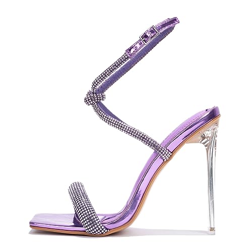 Cape Robbin Women's Clear Stiletto Heels - Open Square Toe Ankle Strap Dress Sandals with Rhinestones (Lexington) - Lilac Size 9