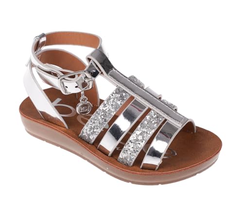 bebe Girls' Sandals - Trendy Flat Designs with Rhinestones, Puffy Straps, Embossed Details and Charms for Toddlers/Little Kids/Big Kids, Silver