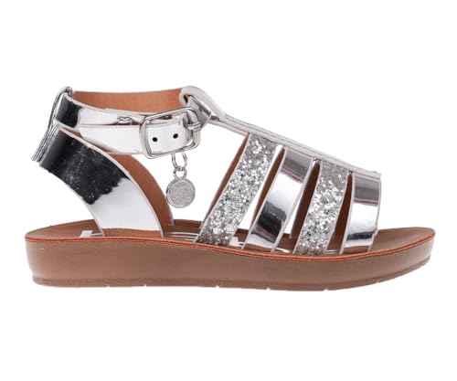 bebe Girls' Sandals - Trendy Flat Designs with Rhinestones, Puffy Straps, Embossed Details and Charms for Toddlers/Little Kids/Big Kids, Silver