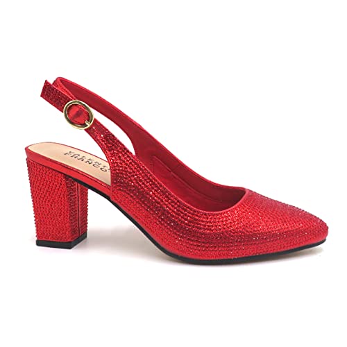VALENTI FRANCO Womens Pointed Toe Block Heel Pumps Rhinestones Slingback Sandals Dress Shoes Olympia