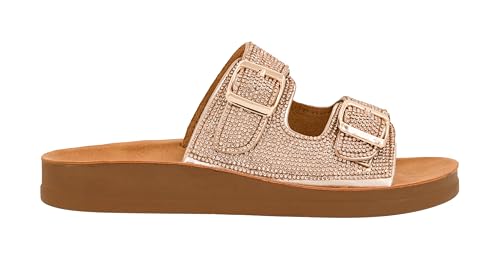 Corkys Footwear Let's Be Real Sandals - Featuring Two Adjustable Straps, A Rhinestone Covered Upper, Easy on and Off, and Comfy Insoles For All Day Wear - Rose Gold Rhinestones