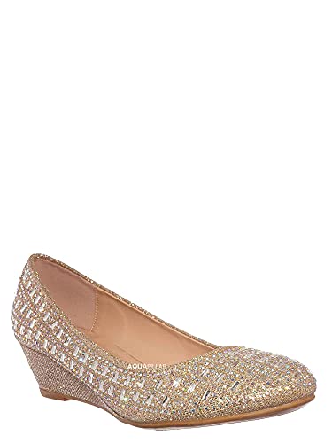 Forever Womens Low Wedge Heel Closed Toe Wedding Party Dress Sandals Shoes,Champagne