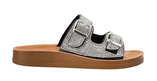 Corkys Footwear Let's Be Real Sandals - Featuring Two Adjustable Straps, A Rhinestone Covered Upper, Easy on and Off, and Comfy Insoles For All Day Wear - Black Rhinestones