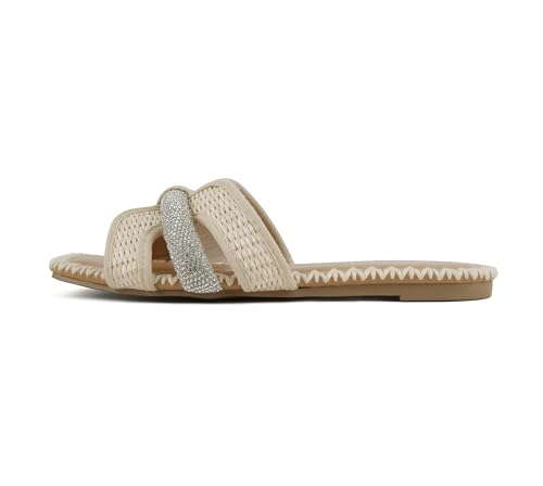Soda Kalani ~ Women Square Toe H-Band Slide Sandals with Rhinestones (Cream Raffia