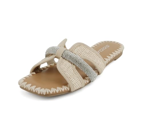 Soda Kalani ~ Women Square Toe H-Band Slide Sandals with Rhinestones (Cream Raffia