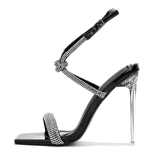 Cape Robbin Women's Clear Stiletto Heels - Open Square Toe Ankle Strap Dress Sandals with Rhinestones (Lexington) - Black Size 7.5