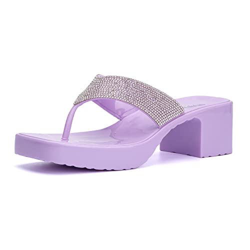 Olivia Miller Women’s Fashion Ladies Shoes, Lilac Purple PVC Jelly Geli w Embellished Glitter Rhinestones Thong Flip Flops Open Toe, Trendy Casual Summer Slide On 2 Inch Low Mid Clear Block Heel Sandals