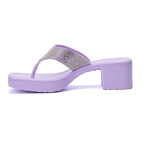 Olivia Miller Women’s Fashion Ladies Shoes, Lilac Purple PVC Jelly Geli w Embellished Glitter Rhinestones Thong Flip Flops Open Toe, Trendy Casual Summer Slide On 2 Inch Low Mid Clear Block Heel Sandals