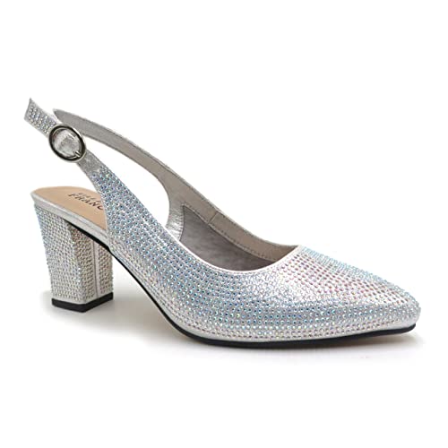VALENTI FRANCO Womens Pointed Toe Block Heel Pumps Rhinestones Slingback Sandals Dress Shoes Olympia