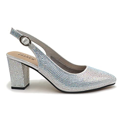 VALENTI FRANCO Womens Pointed Toe Block Heel Pumps Rhinestones Slingback Sandals Dress Shoes Olympia