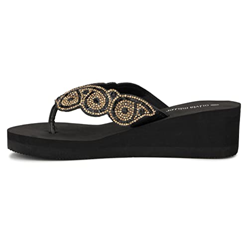 Olivia Miller Women’s Fashion Ladies Shoes, Gallery PU Vegan Leather Bling Jewel Rhinestones Flip Flops TStrap Thong Style Slip On Casual Dressy Summer Beach 2 Inch EVA Platform Wedge Slide Sandals