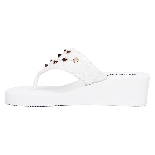 Olivia Miller Women’s Fashion Ladies Shoes, Gallery PU Vegan Leather Bling Jewel Rhinestones Flip Flops T-Strap Thong Style Slip On Casual Dressy Summer Beach 2 Inch EVA Platform Wedge Slide Sandals