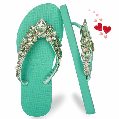 AdDRESSingMe Teal Size 10 Glam Rhinestones Flip Flops for Women Teal Sandals Light Green Sandals Flip Flops Tiffany Blue Lime Green Sandals Women Chanclas para Mujer Rhinestone Sandals for Women Dressy Sparkly Sandals for Women Dressy Sandalias para Mujer Elegantes