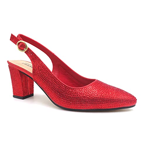 VALENTI FRANCO Womens Pointed Toe Block Heel Pumps Rhinestones Slingback Sandals Dress Shoes Olympia