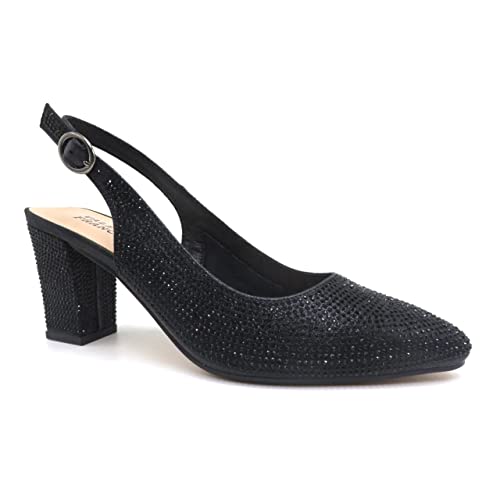 VALENTI FRANCO Womens Pointed Toe Block Heel Pumps Rhinestones Slingback Sandals Dress Shoes Olympia