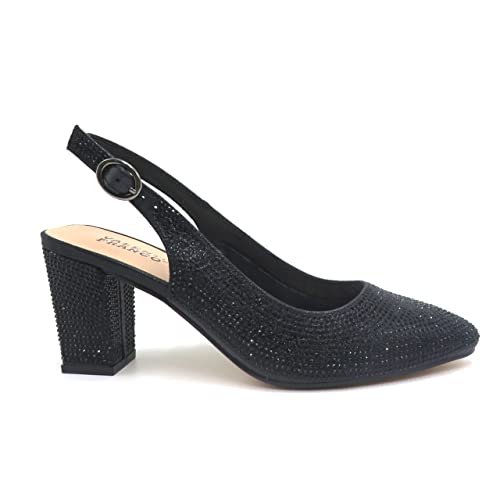 VALENTI FRANCO Womens Pointed Toe Block Heel Pumps Rhinestones Slingback Sandals Dress Shoes Olympia