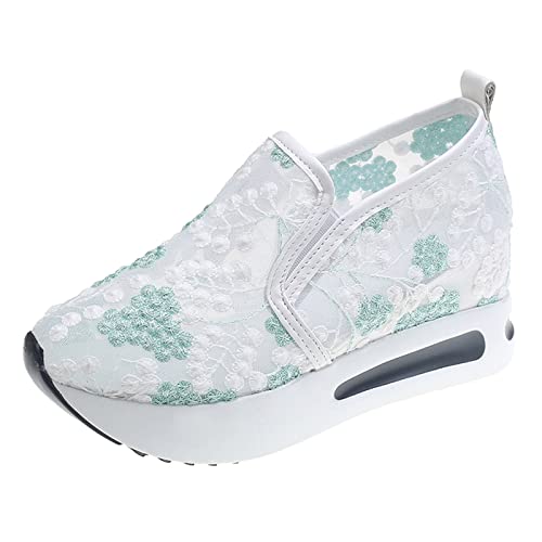 Fashion Sneakers for Women 2023 Floral Embroidery Breathable Sheer Mesh Sneakers Slip On Sneakers Platform Wedge Sneakers Dressy Casual Shoes Walking Sneakers (A-Green