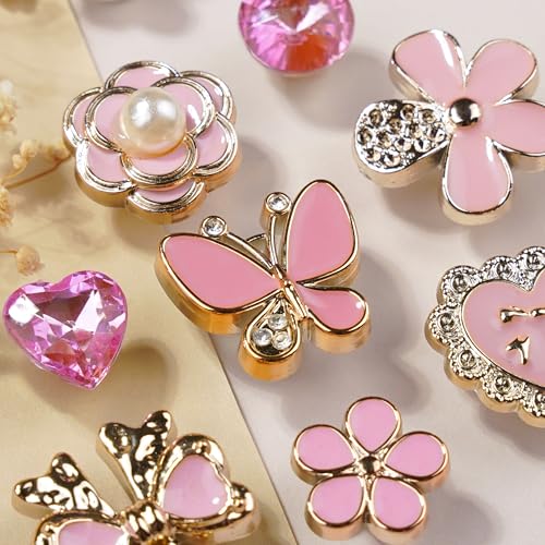 Pink Luxury Shoe Charms, Pink Butterfly Flower Design with Rhinestones and Pearls, Decorative DIY Footwear Accessories, Bling Decoration for Clog and Sandals