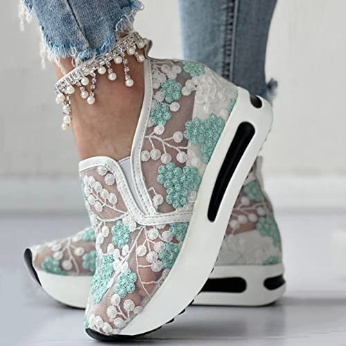 Fashion Sneakers for Women 2023 Floral Embroidery Breathable Sheer Mesh Sneakers Slip On Sneakers Platform Wedge Sneakers Dressy Casual Shoes Walking Sneakers (A-Green