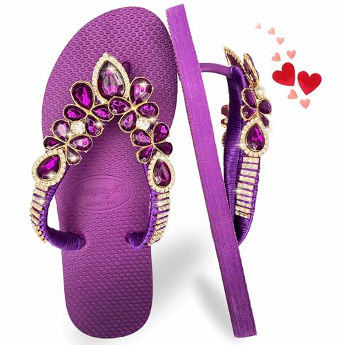 AdDRESSingMe Purple Size 7 Glam Rhinestones Flip Flop Dark Purple Sandals for Women Purple Flip Flops for Women Chanclas para Mujer Rhinestone Sandals for Women Dressy Sparkly Sandals for Women Dressy Flip Flops Sandalias para Mujer Elegantes