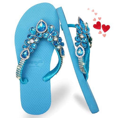 AdDRESSingMe Light Blue Size 10 Glam Rhinestones Flip Flops Chanclas para Mujer Rhinestone Sandals for Women Dressy Sparkly Sandals for Women Dressy Flip Flops Sandalias Para Mujer Elegantes