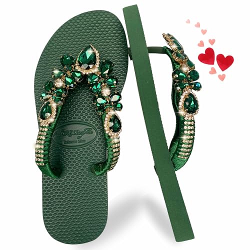 AdDRESSingMe Green Size 11 Glam Rhinestones Flip Flops Dressy Green Flip Flops for Women Sandals Women Chanclas para Mujer Rhinestone Sandals for Women Sparkly Sandals for Women Sandalias para Mujer Elegantes