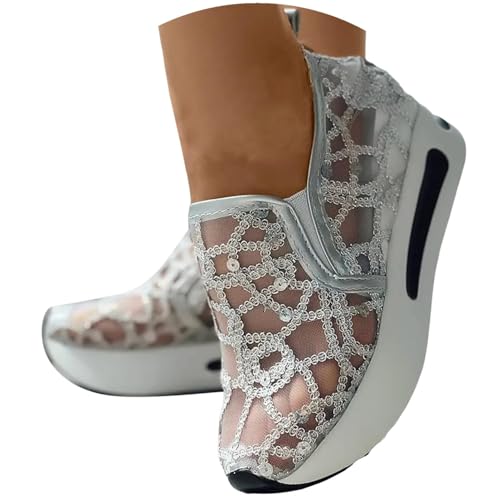 Fashion Sneakers for Women 2023 Floral Embroidery Breathable Sheer Mesh Sneakers Slip On Sneakers Sparkly Sneakers Platform Wedge Shoes Dressy Casual Sneakers Walking Sneakers (D-Silver
