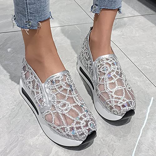 Fashion Sneakers for Women 2023 Floral Embroidery Breathable Sheer Mesh Sneakers Slip On Sneakers Sparkly Sneakers Platform Wedge Shoes Dressy Casual Sneakers Walking Sneakers (D-Silver
