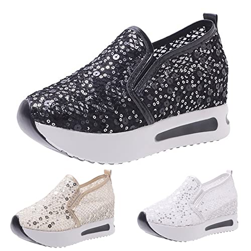 Fashion Sneakers for Women 2023 Floral Embroidery Breathable Sheer Mesh Sneakers Slip On Sneakers Sparkly Sneakers Platform Wedge Shoes Dressy Casual Sneakers Walking Sneakers (E-Black