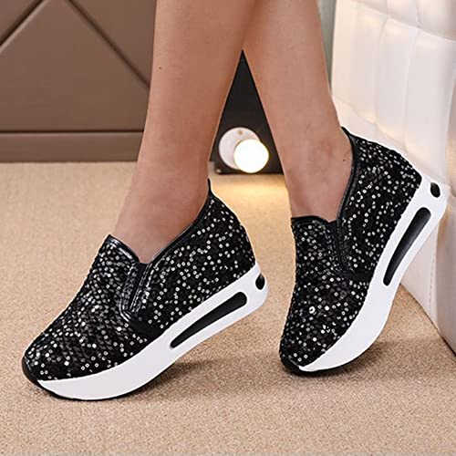 Fashion Sneakers for Women 2023 Floral Embroidery Breathable Sheer Mesh Sneakers Slip On Sneakers Sparkly Sneakers Platform Wedge Shoes Dressy Casual Sneakers Walking Sneakers (E-Black