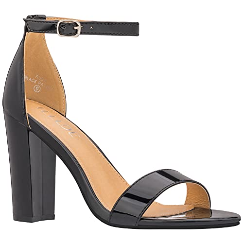 ILLUDE Women’s Open Toe Ankle Strap Chunky Block High Heel - Formal, Wedding, Party Classic Heeled Sandals - Ruby (7.5, Black Patent)