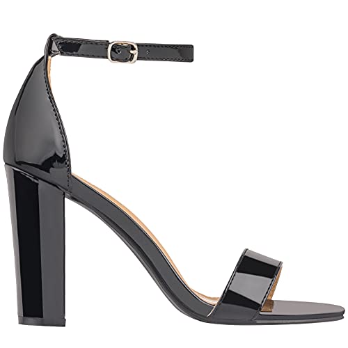 ILLUDE Women’s Open Toe Ankle Strap Chunky Block High Heel - Formal, Wedding, Party Classic Heeled Sandals - Ruby (7.5, Black Patent)