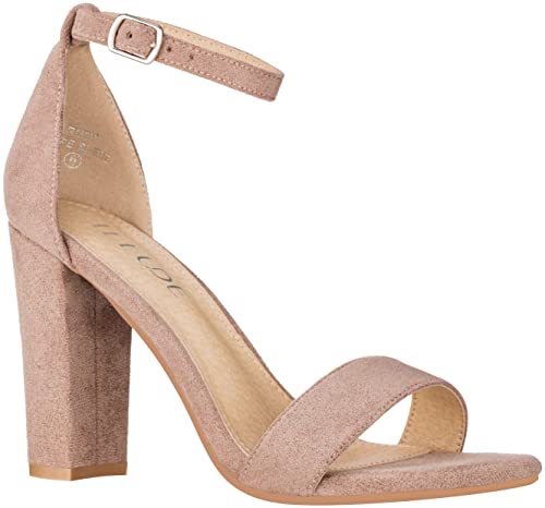 ILLUDE Women’s Open Toe Ankle Strap Chunky Block High Heel - Formal, Wedding, Party Classic Heeled Sandals - Ruby (6, Taupe Suede)