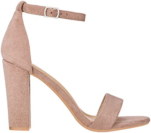 ILLUDE Women’s Open Toe Ankle Strap Chunky Block High Heel - Formal, Wedding, Party Classic Heeled Sandals - Ruby (6, Taupe Suede)