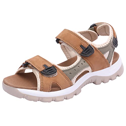 Harssidanzar Women's Sport Outdoor Sandals Hiking Casual Walking Sandals Strap Open Toe Sport Sandals SL256US,Camel Grey