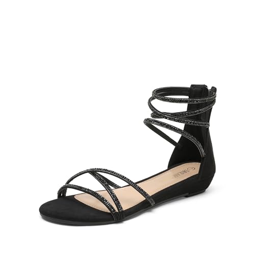 DREAM PAIRS Women's Ankle Strap Flat Sandals Summer Dressy Strappy Gladiator Rhinestones Sandals