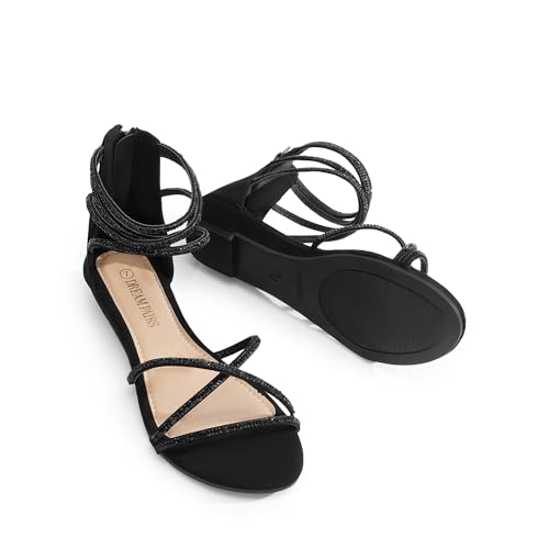 DREAM PAIRS Women's Ankle Strap Flat Sandals Summer Dressy Strappy Gladiator Rhinestones Sandals