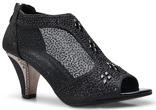 Olivia K WOMEN'S OPEN TOE STUDDED GLITTERING MESH LOW HEEL WEDDING SHOES SANDALS (6.5, Black**)