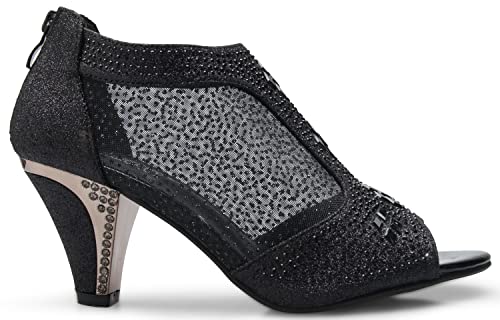 Olivia K WOMEN'S OPEN TOE STUDDED GLITTERING MESH LOW HEEL WEDDING SHOES SANDALS (6.5, Black**)
