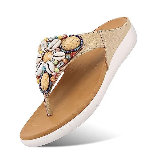Cozystep Women's Beaded Rhinestones Sandals T-Strap Bohemian Sandals Breathable Dressy Summer Shoes Outdoor