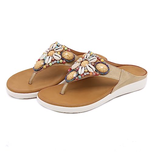 Cozystep Women's Beaded Rhinestones Sandals T-Strap Bohemian Sandals Breathable Dressy Summer Shoes Outdoor