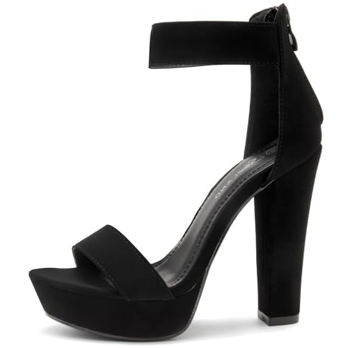 Shoe Land Chunky Platform Heels for Women – 4 Inch Block Heeled Sandals with Ankle Strap, Open Toe Dressy Strappy High Heels for Wedding, Party & Formal Events, Black