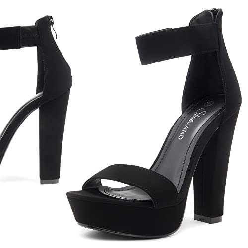 Shoe Land Chunky Platform Heels for Women – 4 Inch Block Heeled Sandals with Ankle Strap, Open Toe Dressy Strappy High Heels for Wedding, Party & Formal Events, Black