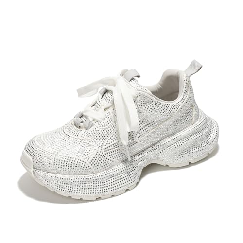 Cape Robbin Johanna Sneakers, Chunky Sneakers Women, Trendy Rhinestone Platform Sneakers, Chunky Black & White Sneakers Women - White Size 6