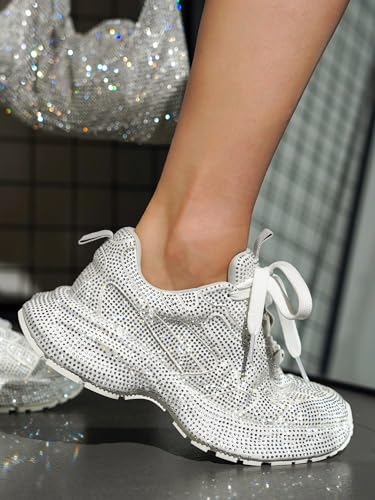 Cape Robbin Johanna Sneakers, Chunky Sneakers Women, Trendy Rhinestone Platform Sneakers, Chunky Black & White Sneakers Women - White Size 6