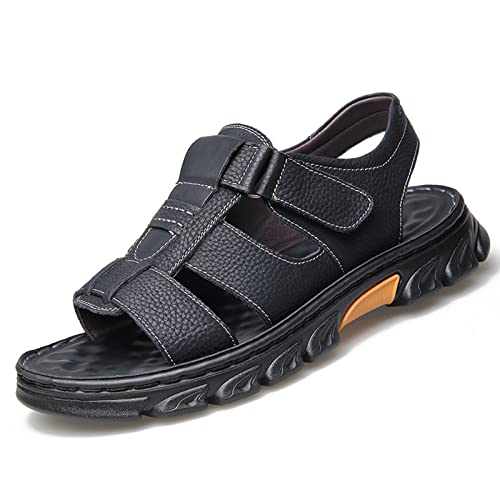Men's Leather Sandals Athletic Sandals Open Toe Hiking Outdoor Non-Slip Sandals Air Cushion Sport Casual Beach Sandals (Color : Black