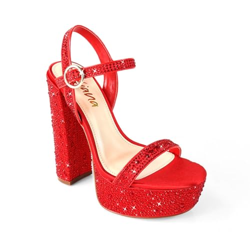 Liliana Womens Rhinestones Ankle Strap Chunky High Heels Sandals Fabiosa Red 6