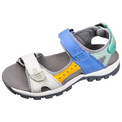 Harssidanzar Women's Leather Sandals Outdoor Sandals Walking Sandals Strap Open Toe Sport Sandals SL256USA,Green Blue